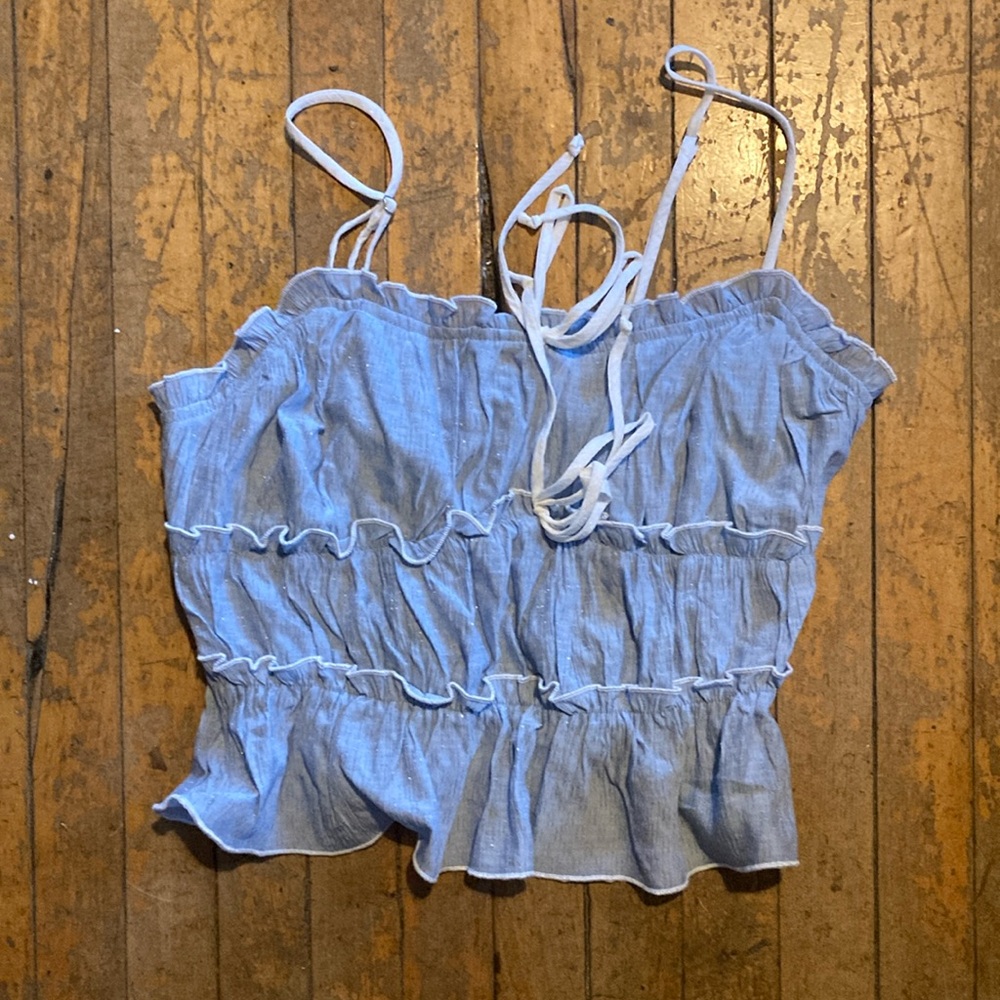 Blue Smocked Sleeveless Camisole with Ruffled Tie Front